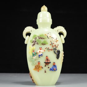 A Exquisite White Jade Inlaid Gems Character and Story Pattern Double-Ears Vase