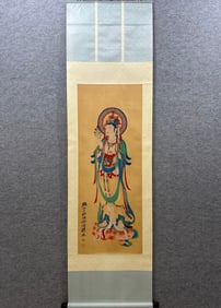 A Chinese Vertical Scroll Ink Painting of Buddha Statue on Silk
