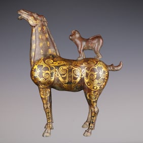 An Exquisite Bronze Inlaid Gold With Inscription Horse Ornament
