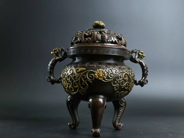 A Rare Red Copper Relief Carved and Gilt Beast-Ears Censer