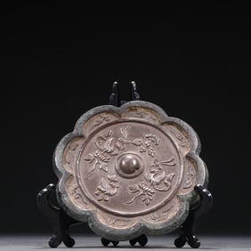 A Rare Pure Silver Engraved Flower and Bird Pattern Flower Edge Bronze Mirror