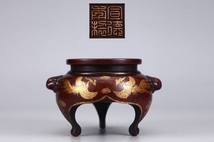 A Rare Gilded Purple Copper Body Phoenix Pattern Censer