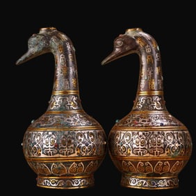 A pair of Rare Bronze Gold and Silver-Inlaid Crane-billed Vases with Inlaid Gems