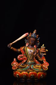 A Rare Ox Bone Carved Inlaid Gems Dzi Bead Statue of Manjusri