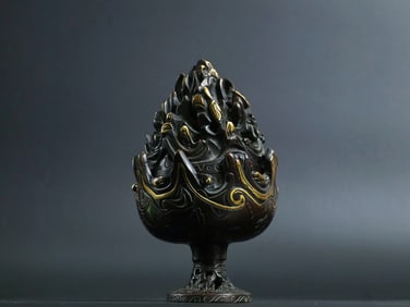 A Rare Red Copper Relief Carved and Gilt Boshan Censer