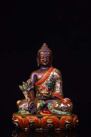 A Rare Ox Bone Cloisonne Inlaid Gems Dzi Bead Shell Statue of Sakyamuni