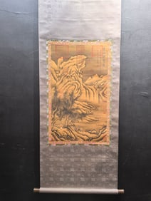 A vertical scroll of Chinese ink landscape and figure painting on silk