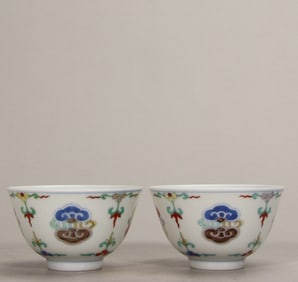 A pair of Rare Kiln Doucai Ganoderma lucidum Pattern Cups