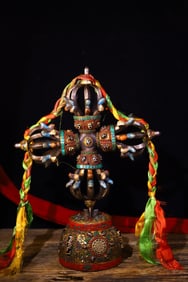 A Rare Iron Carved Inlaid Gems Dzi Bead Painted Color Old Dharma Implement