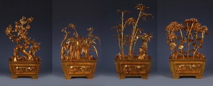A Rare A Set of Gilt Bronze Plum-Orchid-Bamboo-Chrysanthemum Bonsai