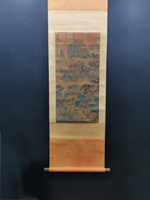 A vertical scroll of Chinese ink landscape painting on silk