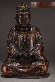 A Rare Gilded Purple Copper Body Free-standing Guanyin Seated Statue