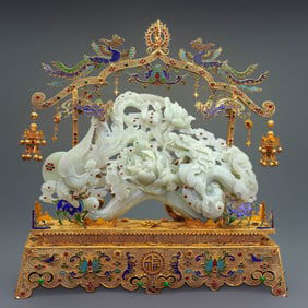 A Rare Cloisonne Inlaid Hetian Jade Dragon and Phoenix Ornament