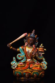 A Rare Ox Bone Carved Inlaid Gems Dzi Bead Statue of Manjusri