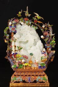 A Rare Filigree Gilt Jade Inlaid Mountain Landscape Ornament