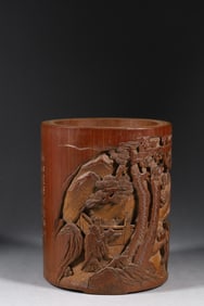 A Rare Bamboo Carving Poem Landscape Figure Pattern Brush Pot
