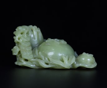 A Rare Hetian Jade Peach and Buddha's Hand Ornament