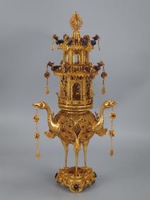 A Rare Gilt Bronze Filigree Crane Pagoda?