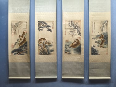 A set of vertical scrolls of Chinese ink tiger painting on paper
