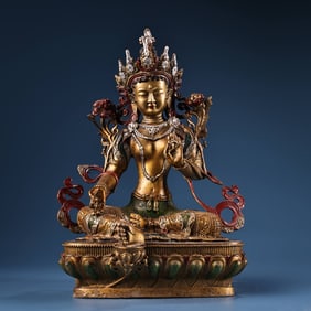 A Rare Coppery High Relief Carved, Painted and Gilded Statue of Tibetan Green Tara