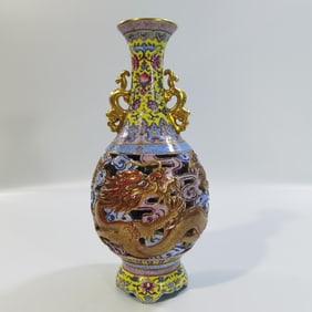 A Rare  Famille-Rose Yellow Ground Outline in gold Flower Pattern   Dragon Pattern Vase