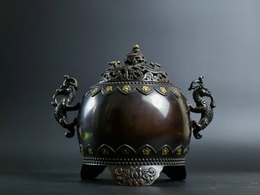 A Rare Red Copper Relief Carved and Gilt Beast-Ears Censer