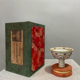 A Rare Lifen Five-Color Gold-Inlaid Eight Treasures Pattern Stem Bowl