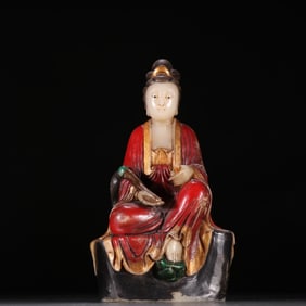 A Rare Shoushan Stone Painted Color Statue of Avalokitesvara