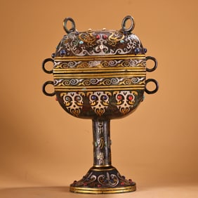 A Rare Bronze Gold and Silver-Inlaid Square Dou with Inlaid Gems