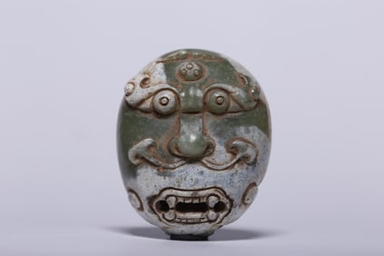 A Rare Hetian Green Jade Beast Face Belt Buckle