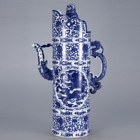A Rare Blue and White Dragon and Phoenix Pattern Ewer