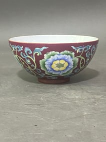 A Rare Ruby Red-Glazed Ground Enamel Flower Patterns Bowl