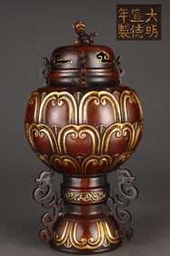 A Rare Gilded Purple Copper Body Lotus Petal Pattern Chi Dragon Ear Censer