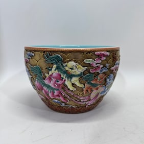 A Rare Enamel Lion Playing with Ball Pattern Vat