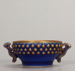 A Rare Blue Glazed Outline in gold Nail Double-Ear Cup