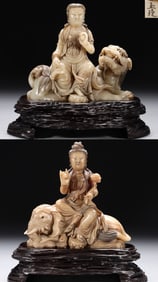 A Rare Hibiscus Stone Carved Manjusri Samantabhadra Bodhisattva Statue
