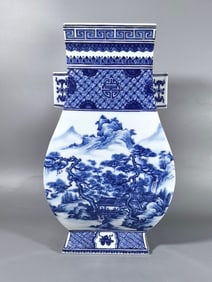 A Rare Blue and White Landscape Pattern Double-Ears Vase