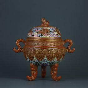 A Rare Enamel Gilt Intertwined Lotus Flower Pattern Stove
