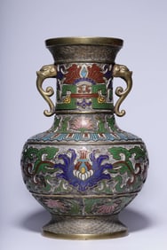 A Rare Cloisonne Flower Pattern Double Ear Vase