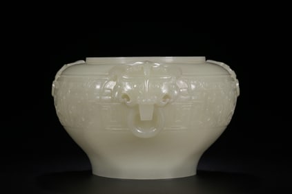 A Rare Hetian Jade Seed Material Beast Face Pattern Brush Washer