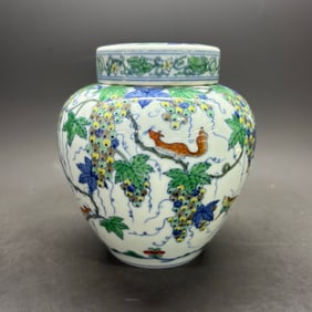 A Rare Doucai squirrel Grape Pattern Tianzi Jar