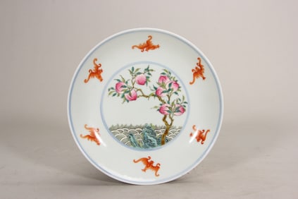 A Rare Famille-Rose Bat and Peach Plate