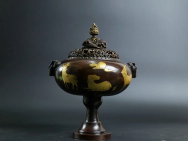 A Rare Red Copper Pattern-Carved and Gilt Sheep-Ears Incense Censer