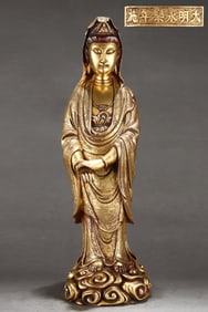 A Rare Gilded Purple Copper Body Free-standing Guanyin Standing Statue