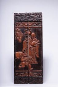 A Rare A pair of Zitan Inlaid Bamboo Carved Figure Peach Paper Weight