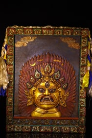 A Rare Bodhi Root Carved Inlaid Dzi Bead Gems Statue of Vajra Thangka
