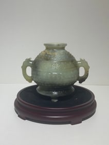 A Rare Greenish White Jade Carved Beast-Ear Tripod Censer