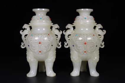 A Pair of Rare Hetian Jade Gem Inlaid Vases