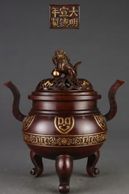 A Rare Gilded Purple Copper Body Kui Dragon Pattern Court Crown Ear Censer