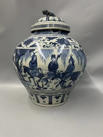 A Rare Blue and White Figure and Story Pattern Covered Jar